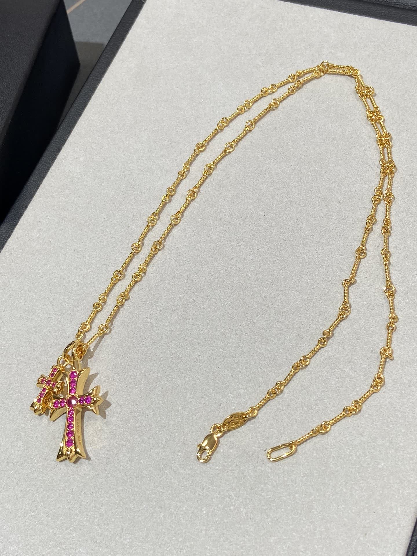 Chrome Hearts Gold Cross Pendant Necklace with Pink Stones